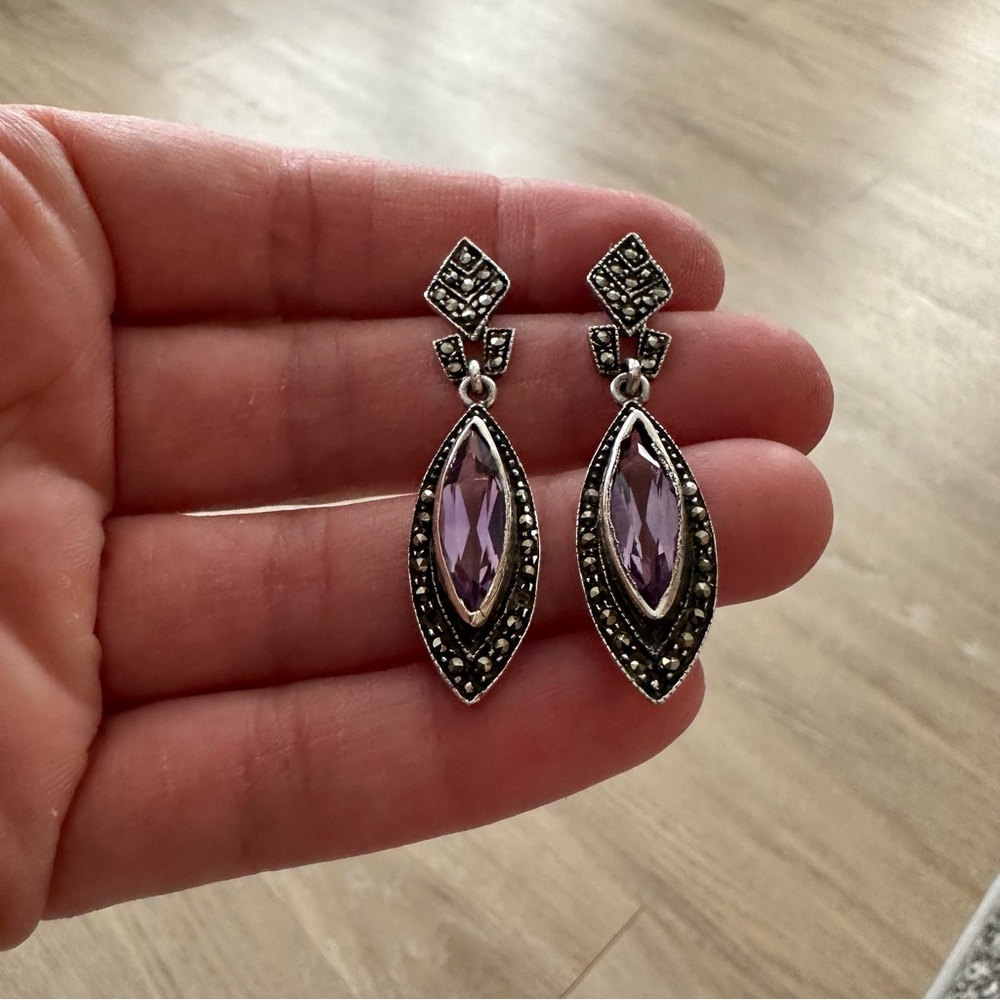 Sterling Silver .925, Marcasite, and Amethyst Post Earrings